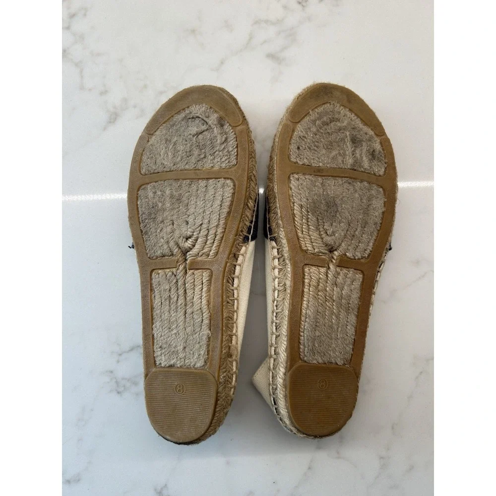 Tory Burch Espadrille Flats Ivory Newport Navy‎ Embellished Canvas Womens Size 8